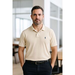 Polo Ralph Lauren Shirt L Cream Cotton Short Sleeve Classic Fit Business Casual